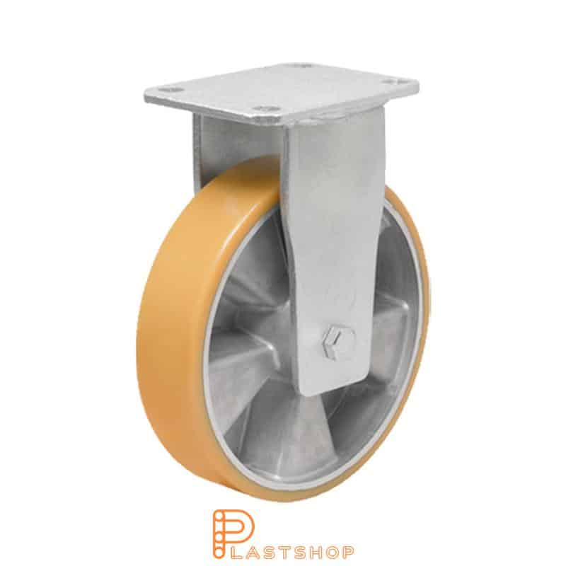 Fast bygel, platta, hjuldiameter 200 mm, bygghöjd 245 mm, nav i aluminium med mjuk bana i PUR i orange färg. 800 kg bärighet, dubbla kullager