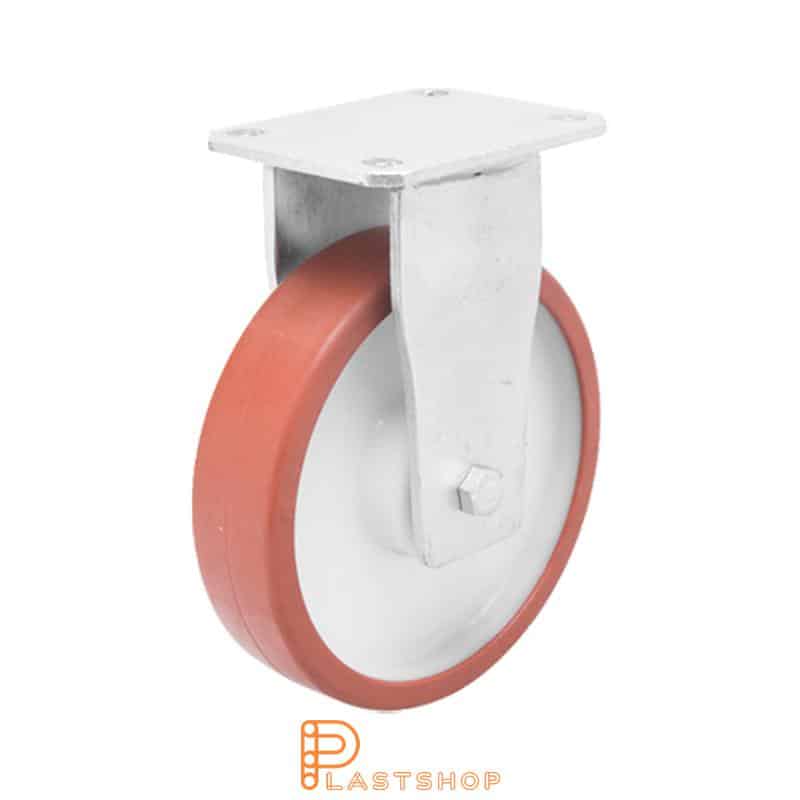 Fixed bracket, flat, wheel diameter 200 mm, construction height 245 mm, hub in PA6 with soft running surface in PUR in röd. 750 kg load capacity, double ball bearing