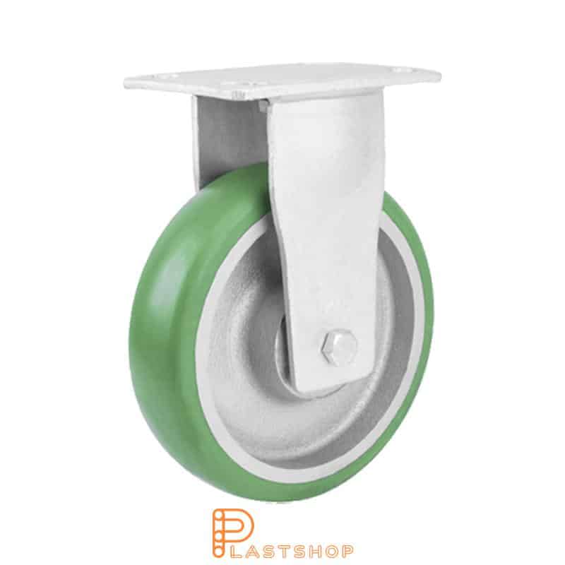 Fixed bracket, flat, wheel diameter 200 mm, construction height 250 mm, hub in cast iron with soft running surface in ElastoPUR in grön. 700 kg load capacity, double ball bearing