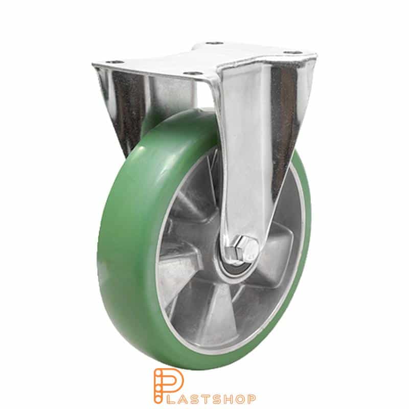 Fast bygel, platta, hjuldiameter 250 mm, bygghöjd 290 mm, nav i aluminium med mjuk bana i ElastoPUR i grön färg. 400 kg bärighet, dubbla kullager