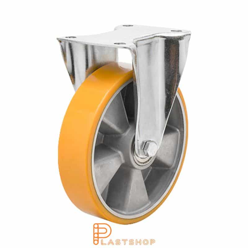 Fast bygel, plat, hjuldiameter 250 mm, byggehøyde 290 mm, nav i aluminium med myk bane i PUR i oransje farge. 400 kg bæreevne, doble kulelager