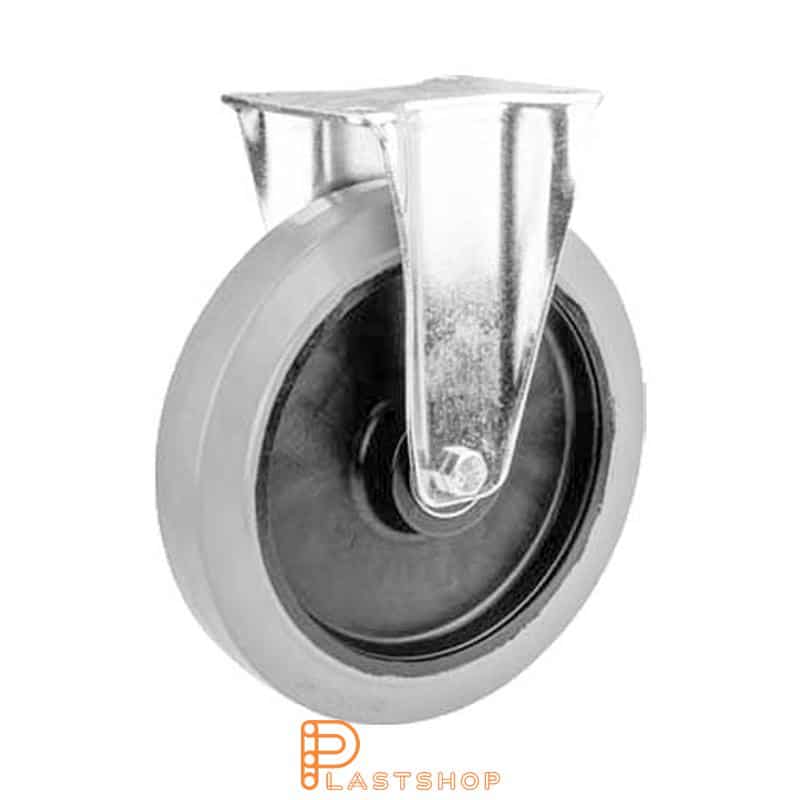 Fixed bracket, flat, wheel diameter 250 mm, construction height 290 mm, hub in PA6 with soft running surface in ElastoGum in grå. 400 kg load capacity, double ball bearing