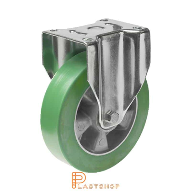 Fixed bracket, flat, wheel diameter 250 mm, construction height 292 mm, hub in aluminium with soft running surface in ElastoPUR in grön. 800 kg load capacity, double ball bearing
