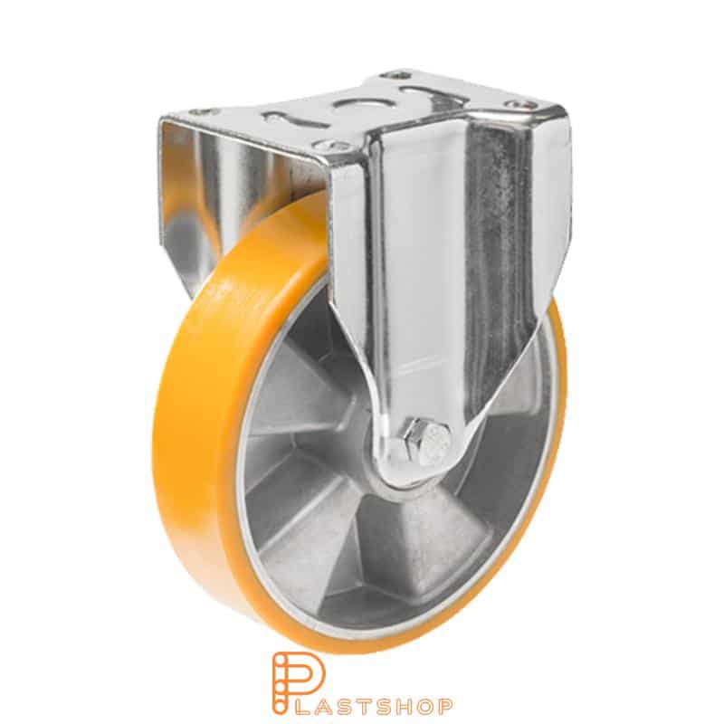 Fixed bracket, flat, wheel diameter 250 mm, construction height 292 mm, hub in aluminium with soft running surface in PUR in orange. 800 kg load capacity, double ball bearing
