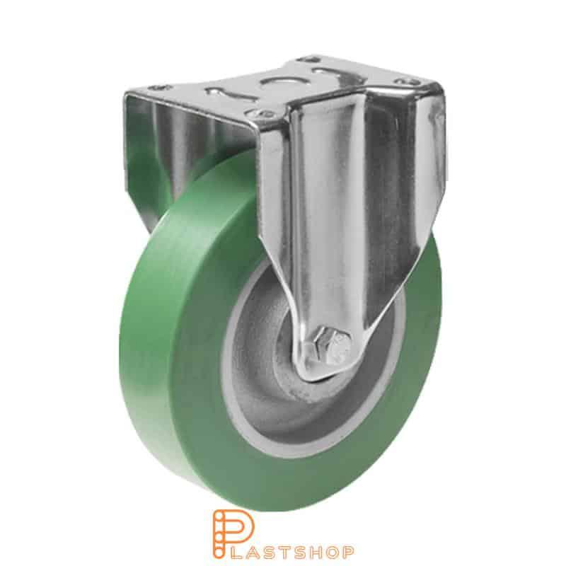 Fixed bracket, flat, wheel diameter 250 mm, construction height 292 mm, hub in cast iron with soft running surface in ElastoPUR in grön. 750 kg load capacity, double ball bearing