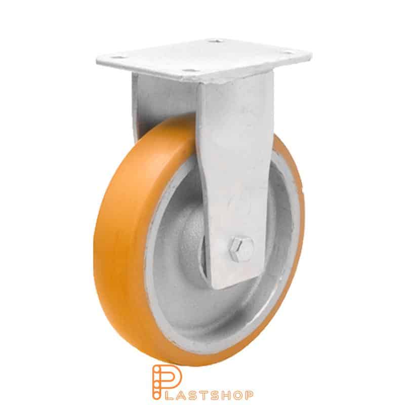 Fixed bracket, plate, wheel diameter 250 mm, construction height 300 mm, hub in cast iron with soft band in ElastoPUR in brown color. 1000 kg load capacity, double ball bearing