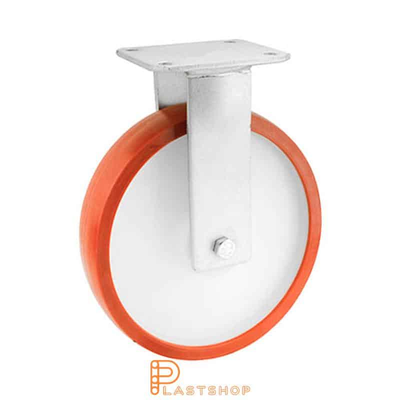 Fast bygel, plat, hjuldiameter 250 mm, byggehøyde 300 mm, nav i PA6 med myk bane i PUR i rød farge. 750 kg bæreevne, doble kulelager