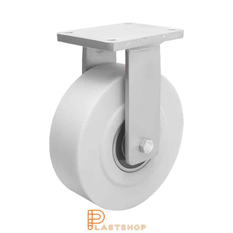 Fixed bracket, flat, wheel diameter 250 mm, construction height 314 mm, hard wheel in solid PA6, 3000 kg load capacity, double ball bearing