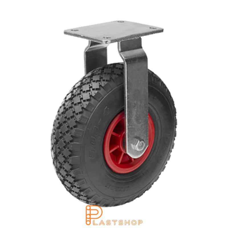 Fast bygel, platta, hjuldiameter 260 mm, bygghöjd 320 mm, nav i PP med mjuk bana i luftgummi i svart färg. 100 kg bärighet, rullager
