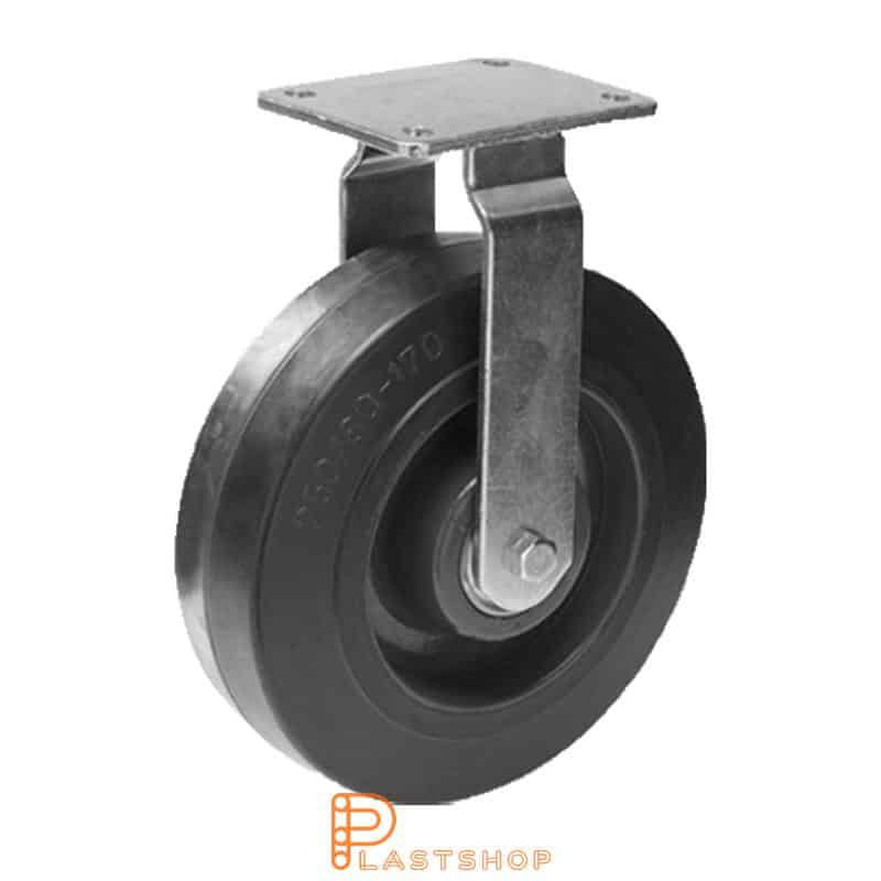 Fast bygel, platta, hjuldiameter 300 mm, bygghöjd 355 mm, nav i PA6 med mjuk bana i ElastoGum i svart färg. 100 kg bärighet, dubbla kullager