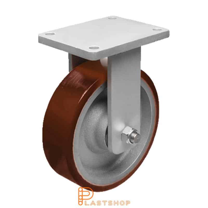 Fixed bracket, flat, wheel diameter 300 mm, construction height 375 mm, hub in cast iron with soft running surface in PUR in orange. 2200 kg load capacity, double ball bearing