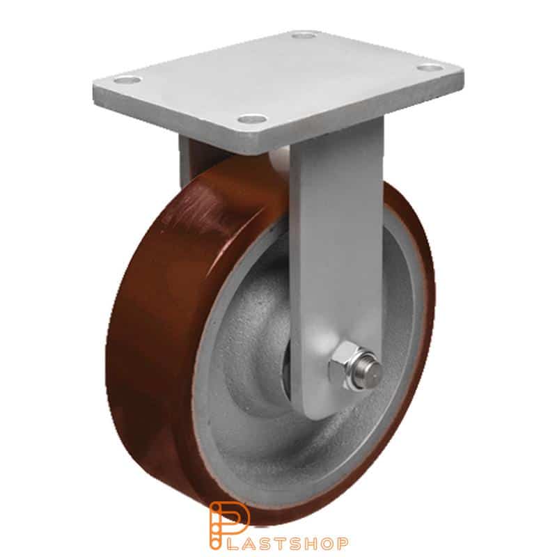 Fast bygel, plat, hjuldiameter 400 mm, byggehøyde 475 mm, nav i støpejern med myk bane i PUR i oransje farge. 2500 kg bæreevne, doble kulelager