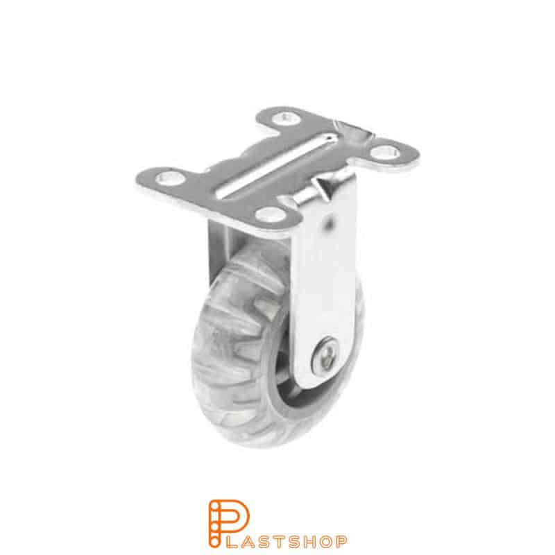 Fixed bracket, plate, wheel diameter 50 mm, construction height 66 mm, hub in PC with soft band in PUR in transparent. 40 kg load capacity, slide bearing