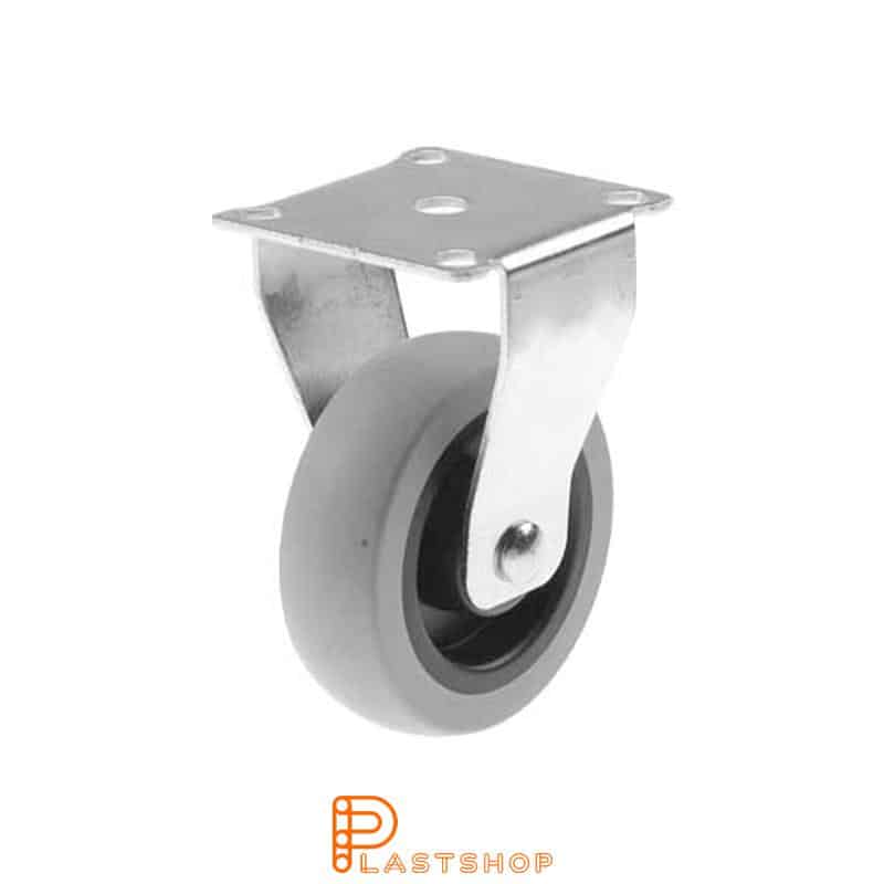 Fixed bracket, flat, wheel diameter 75 mm, construction height 99 mm, hub in PP with soft running surface in TPE in grå. 55 kg load capacity, plain bearing