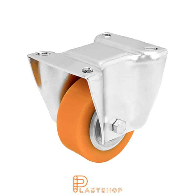 Fixed bracket, flat, wheel diameter 80 mm, construction height 108 mm, hub in aluminium with soft running surface in PUR in orange. 100 kg load capacity, double ball bearing