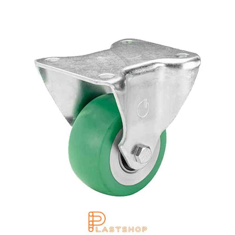 Fast bygel, platta, hjuldiameter 80 mm, bygghöjd 111 mm, nav i aluminium med mjuk bana i ElastoPUR i grön färg. 180 kg bärighet, dubbla kullager
