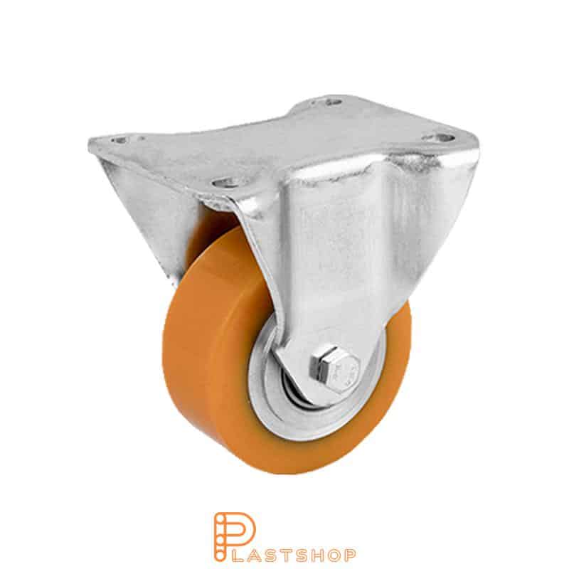Fixed bracket, flat, wheel diameter 80 mm, construction height 111 mm, hub in aluminium with soft running surface in PUR in orange. 180 kg load capacity, double ball bearing