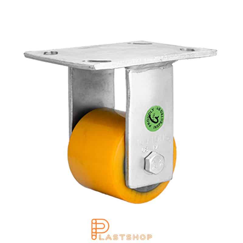 Fixed bracket, flat, wheel diameter 85 mm, construction height 144 mm, hub in cast iron with soft running surface in PUR in röd. 750 kg load capacity, double ball bearing