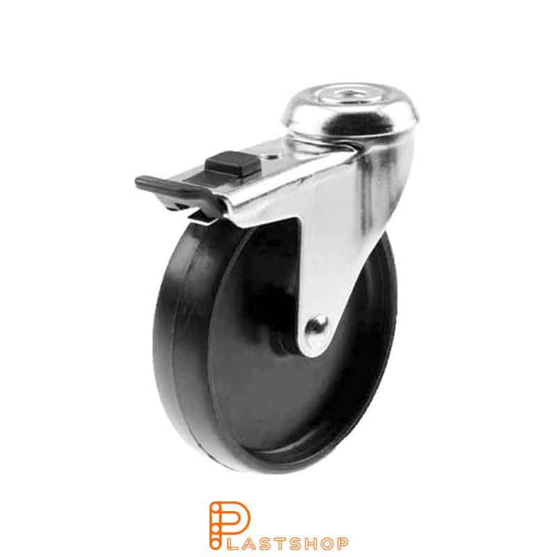 Link wheel with brake, center hole, wheel diameter 100 mm, construction height 120 mm, hard wheel in solid PA6, 55 kg load capacity, slide bearing