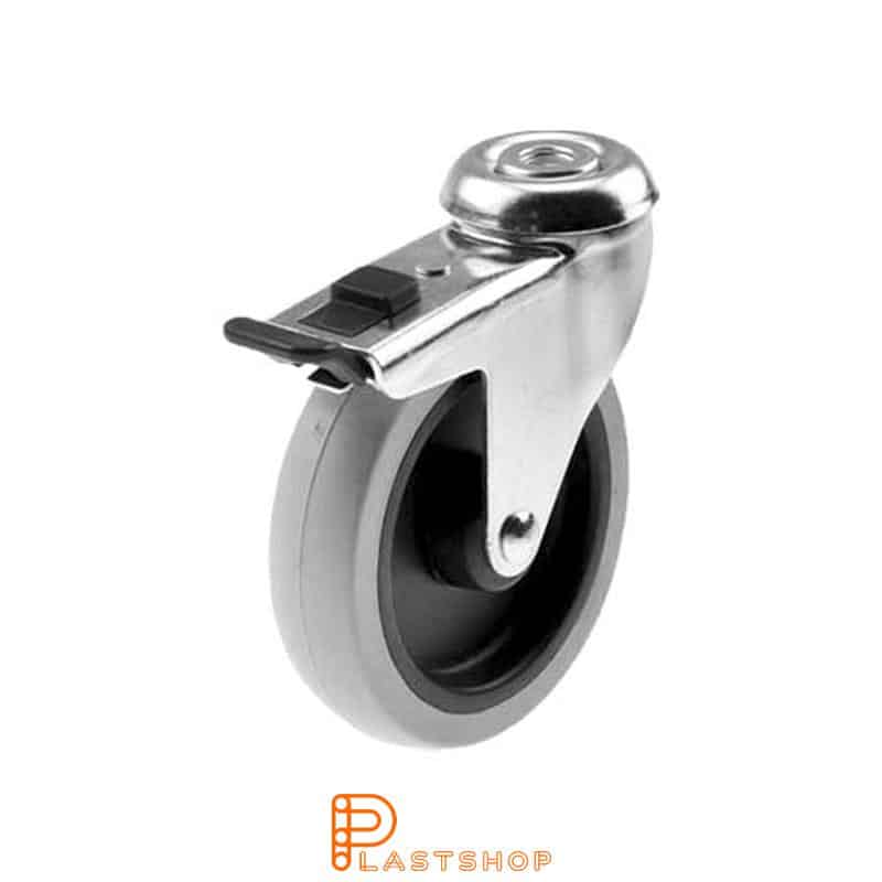 Rueda de enlace con freno, agujero central, diámetro de la rueda 100 mm, altura de construcción 120 mm, buje en PP con banda suave en PUR de color gris. 55 kg de carga, rodamientos deslizantes