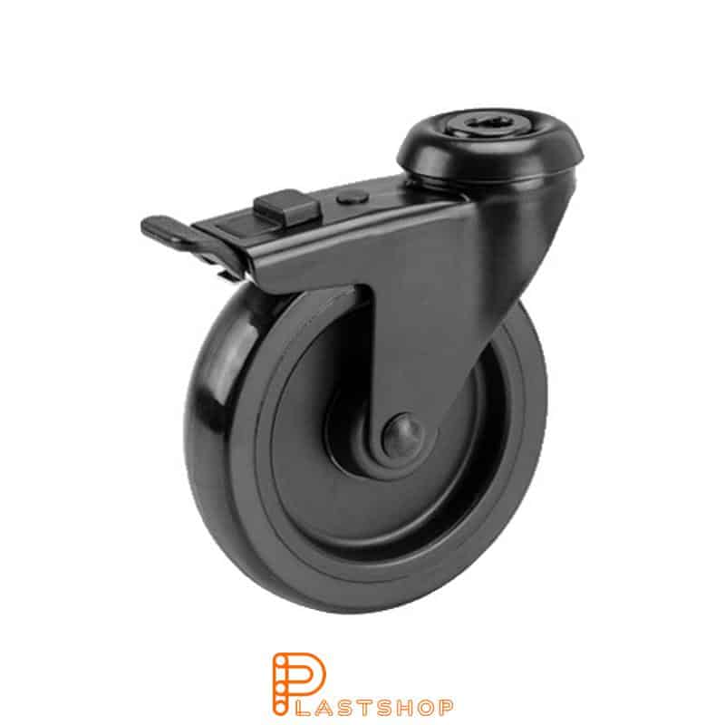 Rueda de enlace con freno, agujero central, diámetro de la rueda 100 mm, altura de construcción 120 mm, buje en PP con banda suave en PUR de color negro. 55 kg de carga, rodamientos deslizantes