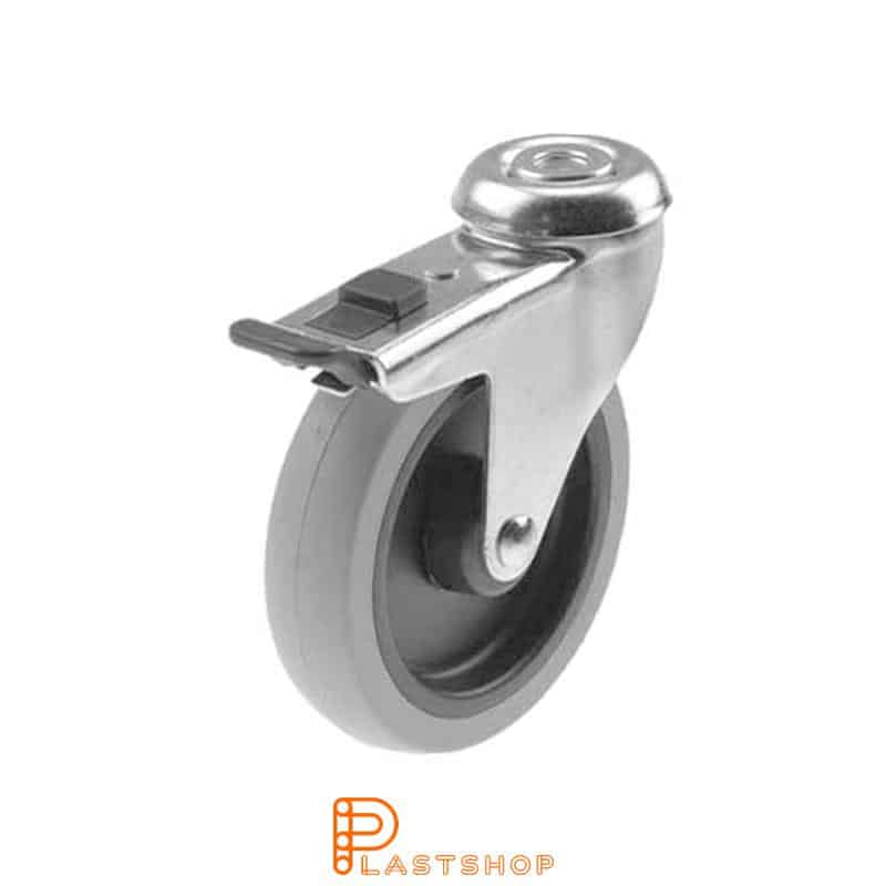 Rueda de enlace con freno, agujero central, diámetro de la rueda 100 mm, altura de construcción 120 mm, buje en PP con banda suave en TPE de color gris. 55 kg de carga, rodamientos deslizantes