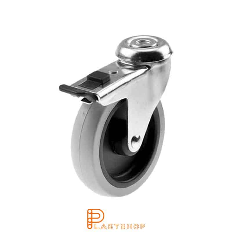 Rueda de enlace con freno, agujero central, diámetro de la rueda 100 mm, altura de construcción 120 mm, buje en PP con banda suave en TPE de color gris. 55 kg de carga, rodamientos deslizantes