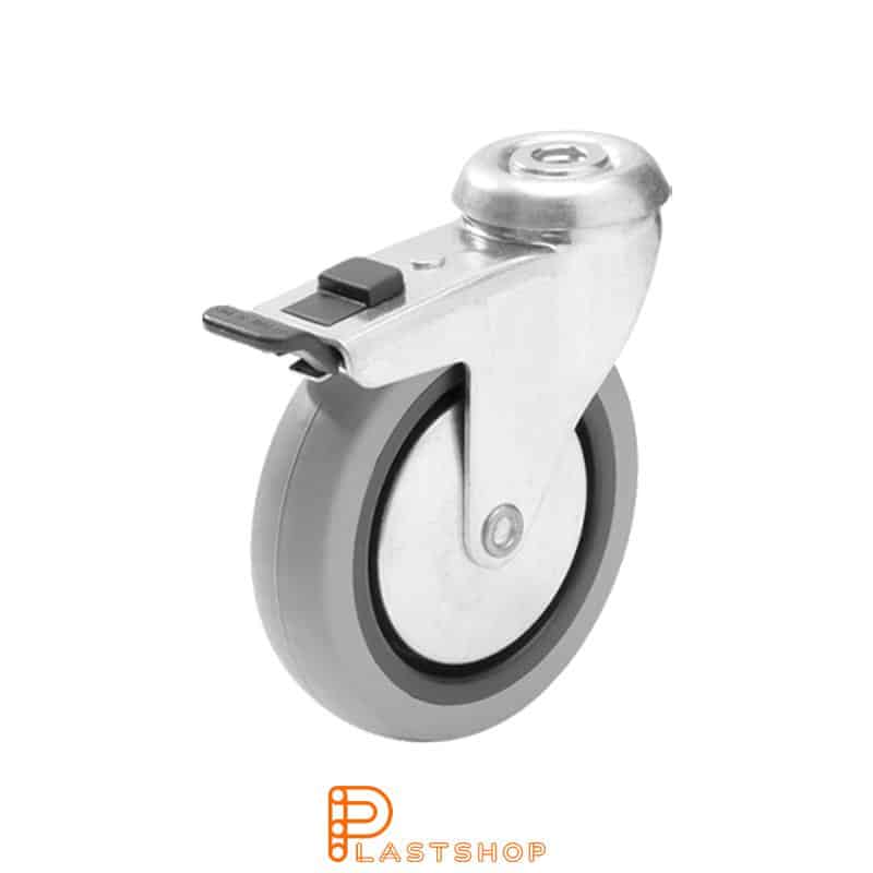Rueda de enlace con freno, agujero central, diámetro de la rueda 100 mm, altura de construcción 120 mm, buje en PP con banda suave en TPE de color gris. 55 kg de carga, rodamientos deslizantes