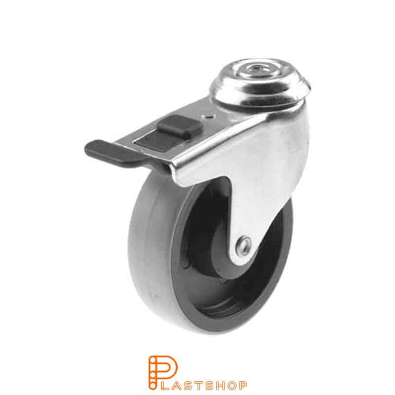 Länkhjul med broms, centrumhål, hjuldiameter 100 mm, bygghöjd 126 mm, nav i PA6 med mjuk bana i PUR i grå färg. 70 kg bärighet, glidlager