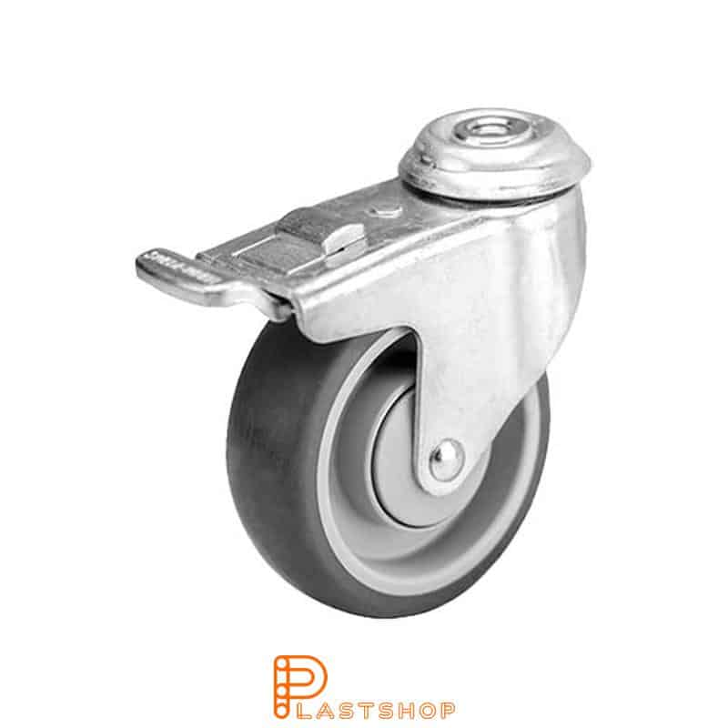 Link wheel with brake, center hole, wheel diameter 100 mm, construction height 126 mm, hub in PP with soft band in TPE in gray color. 70 kg load capacity, ball bearing