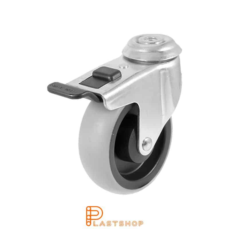 Länkipyörä jarrulla, keskireikä, pyörän halkaisija 100 mm, rakennuskorkeus 126 mm, navassa PP, pehmeä ura TPE:stä harmaassa värissä. 80 kg kantavuus, liukusuoja