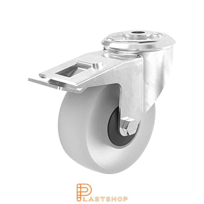 Link wheel with brake, center hole, wheel diameter 100 mm, construction height 128 mm, hard wheel in solid PA6, 180 kg load capacity, ball bearing