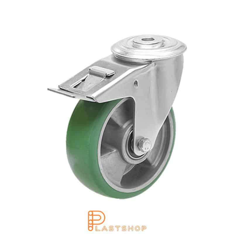 Länkipyörä jarrulla, keskireikä, pyörän halkaisija 100 mm, rakennuskorkeus 128 mm, navassa alumiini, pehmeä ura ElastoPUR:sta vihreässä värissä. 180 kg kantavuus, kaksi palloliukusuojusta