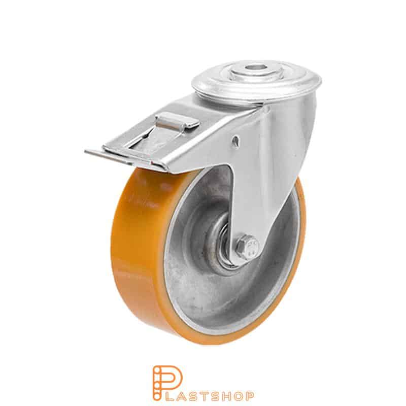 Länkhjul med broms, centrumhål, hjuldiameter 100 mm, bygghöjd 128 mm, nav i aluminium med mjuk bana i PUR i orange färg. 180 kg bärighet, dubbla kullager