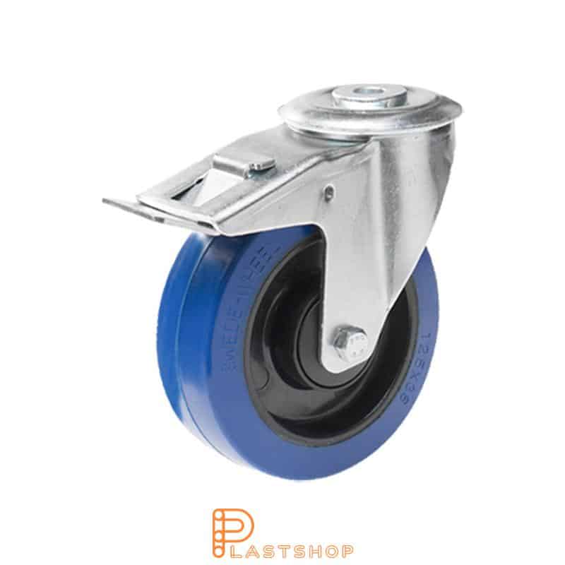 Länkhjul med broms, centrumhål, hjuldiameter 100 mm, bygghöjd 128 mm, nav i PA6 med mjuk bana i ElastoGum i blå färg. 180 kg bärighet, kullager