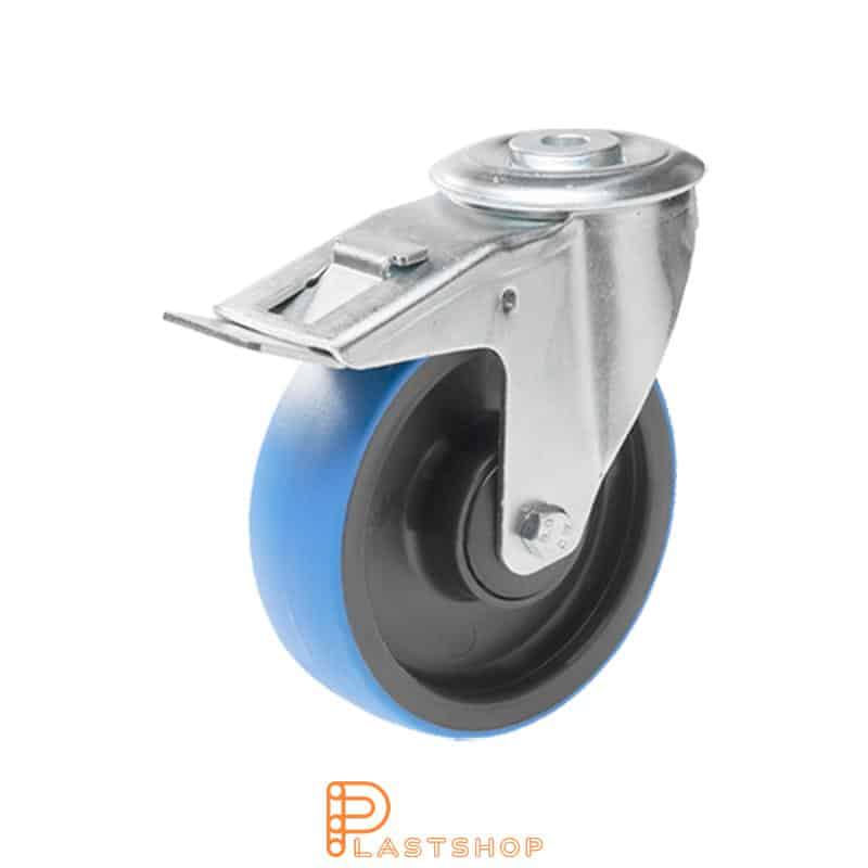 Løpehjul med bremse, midthull, hjuldiameter 100 mm, byggehøyde 128 mm, nav i PA6 med myk bane i PUR i blå farge. 180 kg bæreevne, kulelager