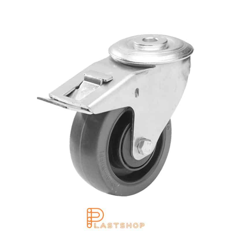 Länkhjul med broms, centrumhål, hjuldiameter 100 mm, bygghöjd 128 mm, nav i PA6 med mjuk bana i PUR i grå färg. 180 kg bärighet, kullager