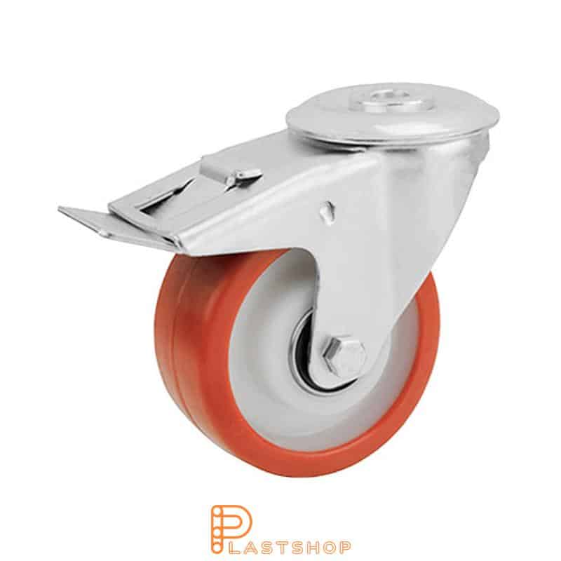 Länkipyörä jarrulla, keskireikä, pyörän halkaisija 100 mm, rakennuskorkeus 128 mm, navassa PA6, pehmeä ura PUR:sta punaisessa värissä. 180 kg kantavuus, kaksi palloliukusuojusta