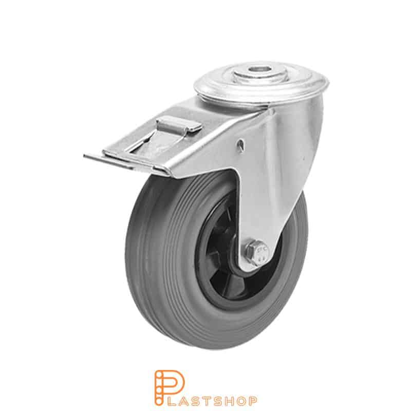 Løpehjul med bremse, midthull, hjuldiameter 100 mm, byggehøyde 128 mm, nav i PP med myk bane i gummi i grå farge. 70 kg bæreevne, rullager