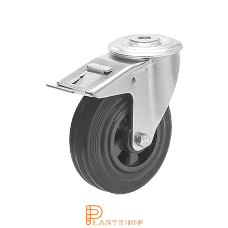 Løpehjul med bremse, midthull, hjuldiameter 100 mm, byggehøyde 128 mm, nav i PP med myk bane i gummi i svart farge. 70 kg bæreevne, rullager