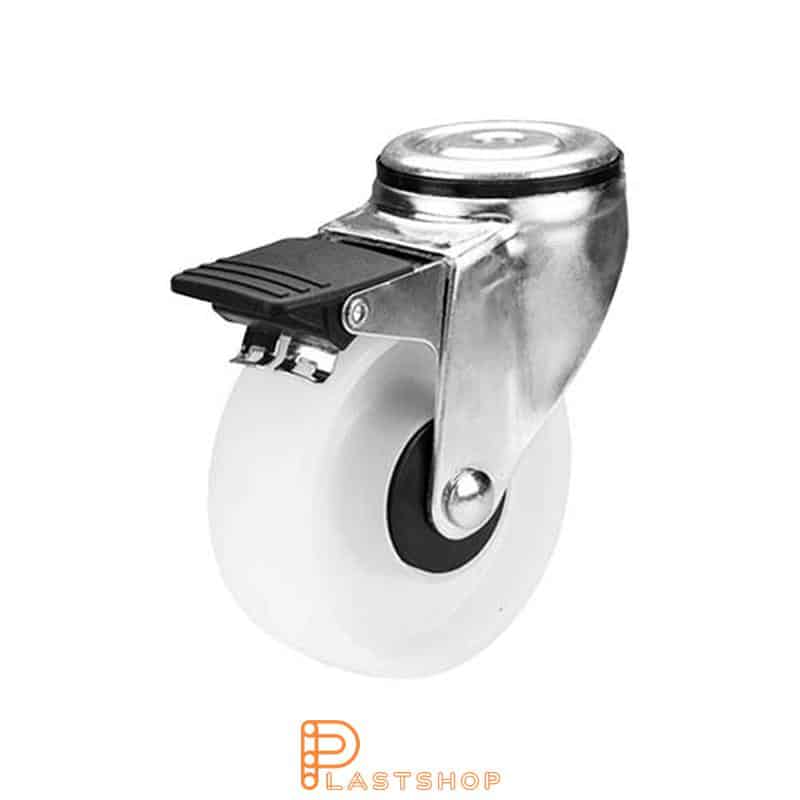 Link wheel with brake, center hole, wheel diameter 100 mm, construction height 132 mm, hard wheel in solid PP, 140 kg load capacity, ball bearing