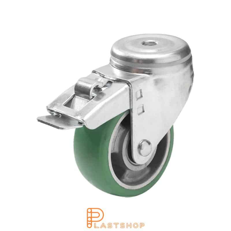 Løpehjul med bremse, midthull, hjuldiameter 100 mm, byggehøyde 132 mm, nav i aluminium med myk bane i ElastoPUR i grønn farge. 200 kg bæreevne, doble kulelager