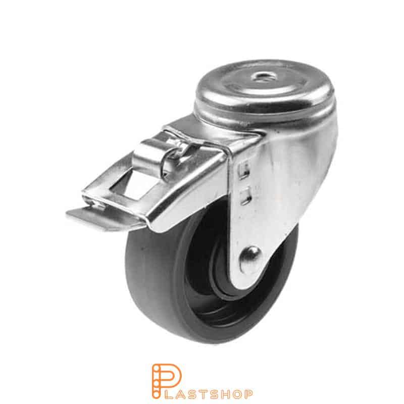 Link wheel with brake, center hole, wheel diameter 100 mm, construction height 132 mm, hub in PA6 with soft band in PUR in gray color. 200 kg load capacity, ball bearing