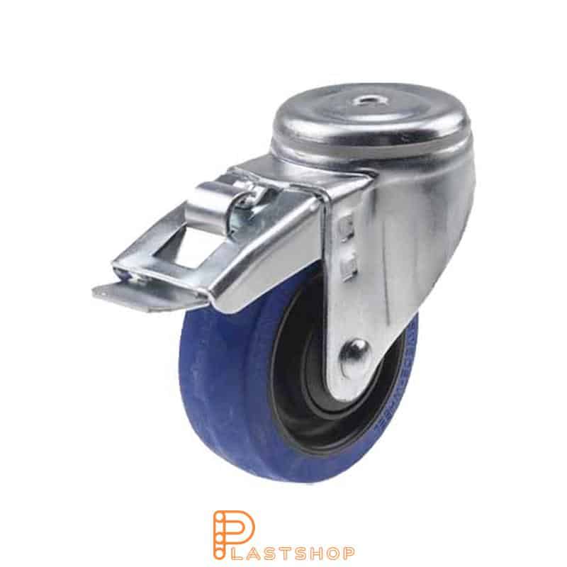 Link wheel with brake, center hole, wheel diameter 100 mm, construction height 132 mm, hub in PA6 with soft band in ElastoGum in blue color. 225 kg load capacity, ball bearing