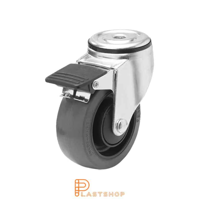 Løpehjul med bremse, midthull, hjuldiameter 100 mm, byggehøyde 132 mm, nav i PA6 med myk bane i ElastoGum i grå farge. 140 kg bæreevne, kulelager