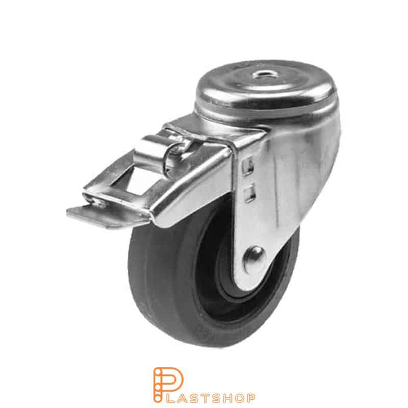 Länkhjul med broms, centrumhål, hjuldiameter 100 mm, bygghöjd 132 mm, nav i PA6 med mjuk bana i ElastoGum i grå färg. 225 kg bärighet, kullager