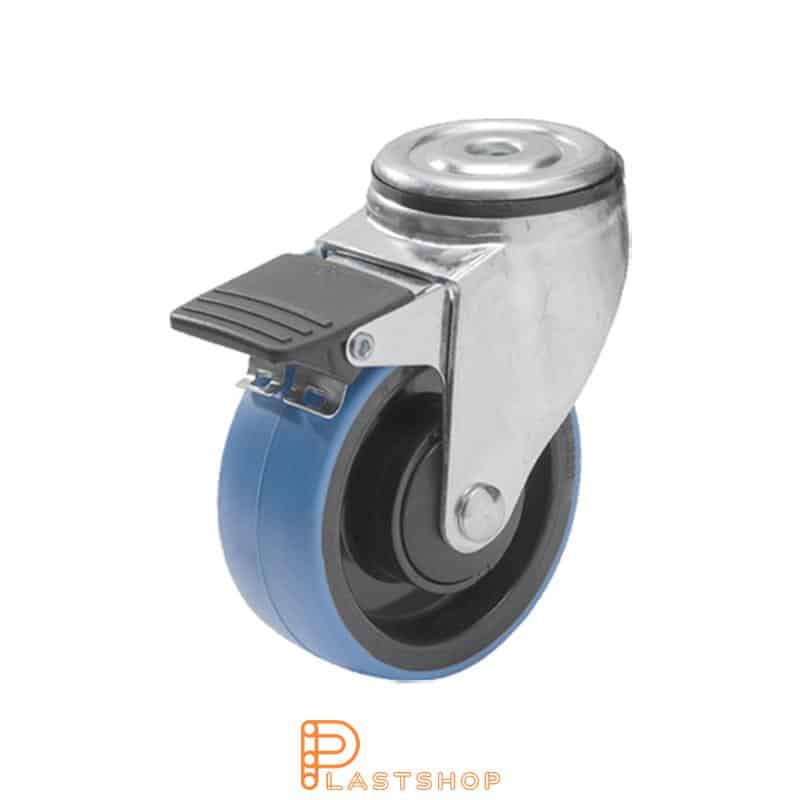 Länkhjul med broms, centrumhål, hjuldiameter 100 mm, bygghöjd 132 mm, nav i PA6 med mjuk bana i PUR i blå färg. 140 kg bärighet, kullager