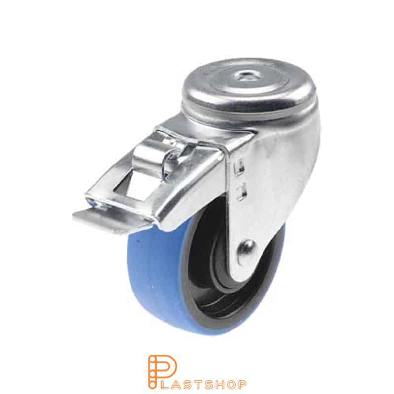 Løpehjul med bremse, midthull, hjuldiameter 100 mm, byggehøyde 132 mm, nav i PA6 med myk bane i PUR i blå farge. 200 kg bæreevne, kulelager