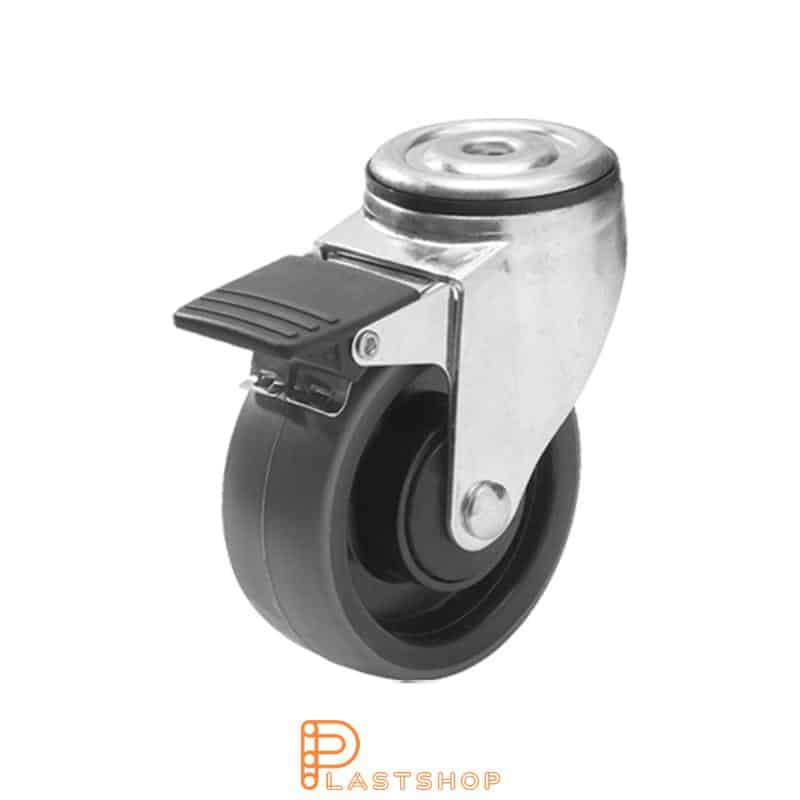 Länkipyörä jarrulla, keskireikä, pyörän halkaisija 100 mm, rakennuskorkeus 132 mm, navassa PA6, pehmeä ura PUR:sta harmaassa värissä. 140 kg kantavuus, palloliukusuoja