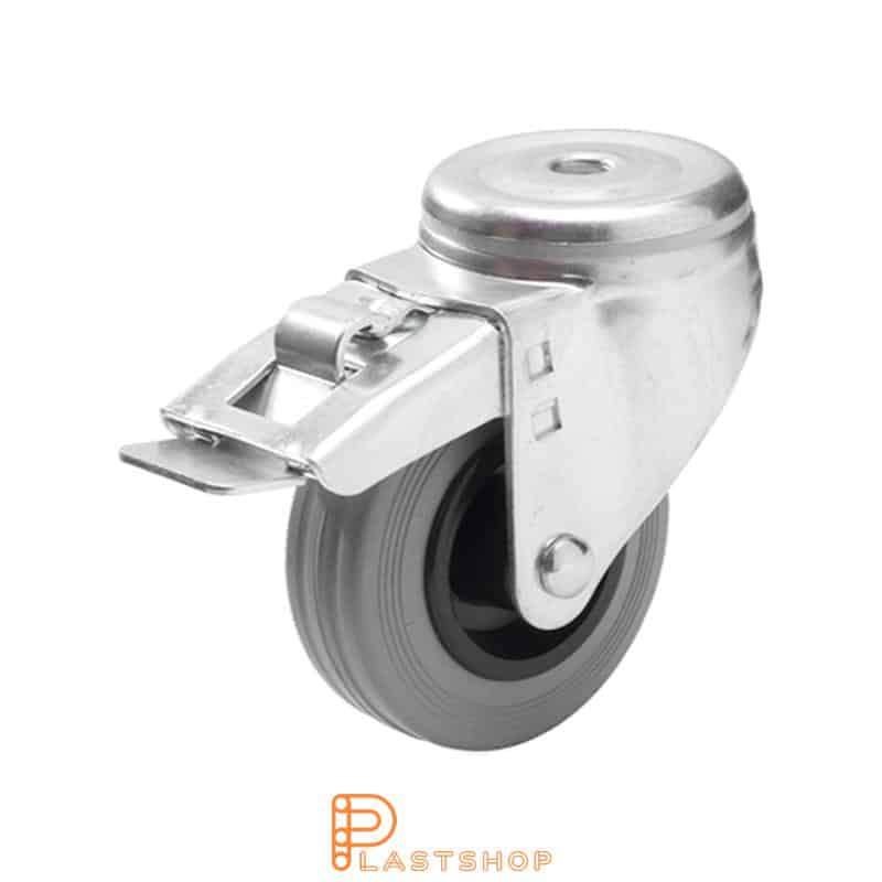 Rueda de enlace con freno, agujero central, diámetro de la rueda 100 mm, altura de construcción 132 mm, buje en PP con banda suave en goma de color gris. 70 kg de carga, rodamientos deslizantes